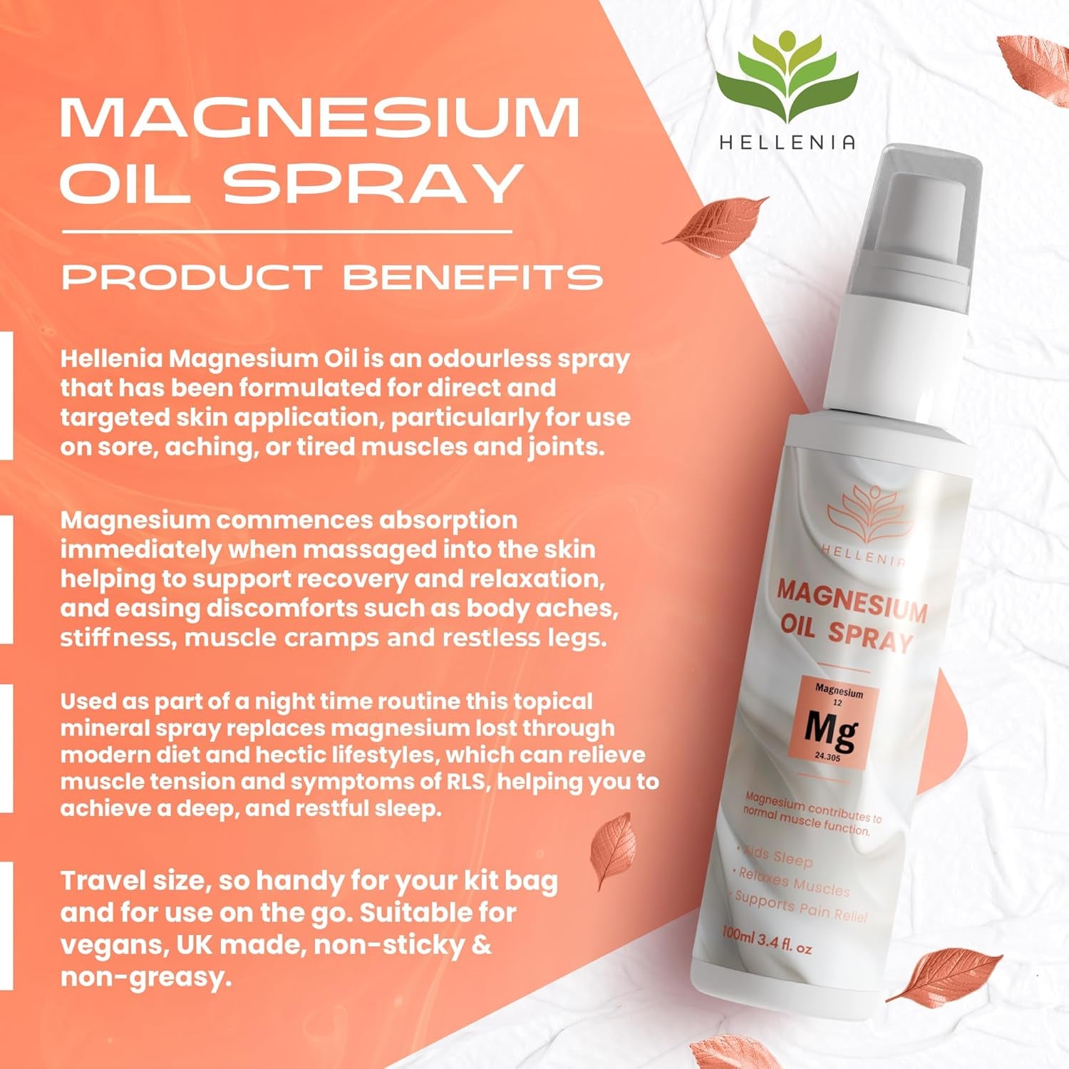 Magnesium Oil Spray 100Ml | Natural Repair Magnesium Spray for Sleep, Restless Legs, Sore Muscles | Menopause Relief | Vegan | by Hellenia