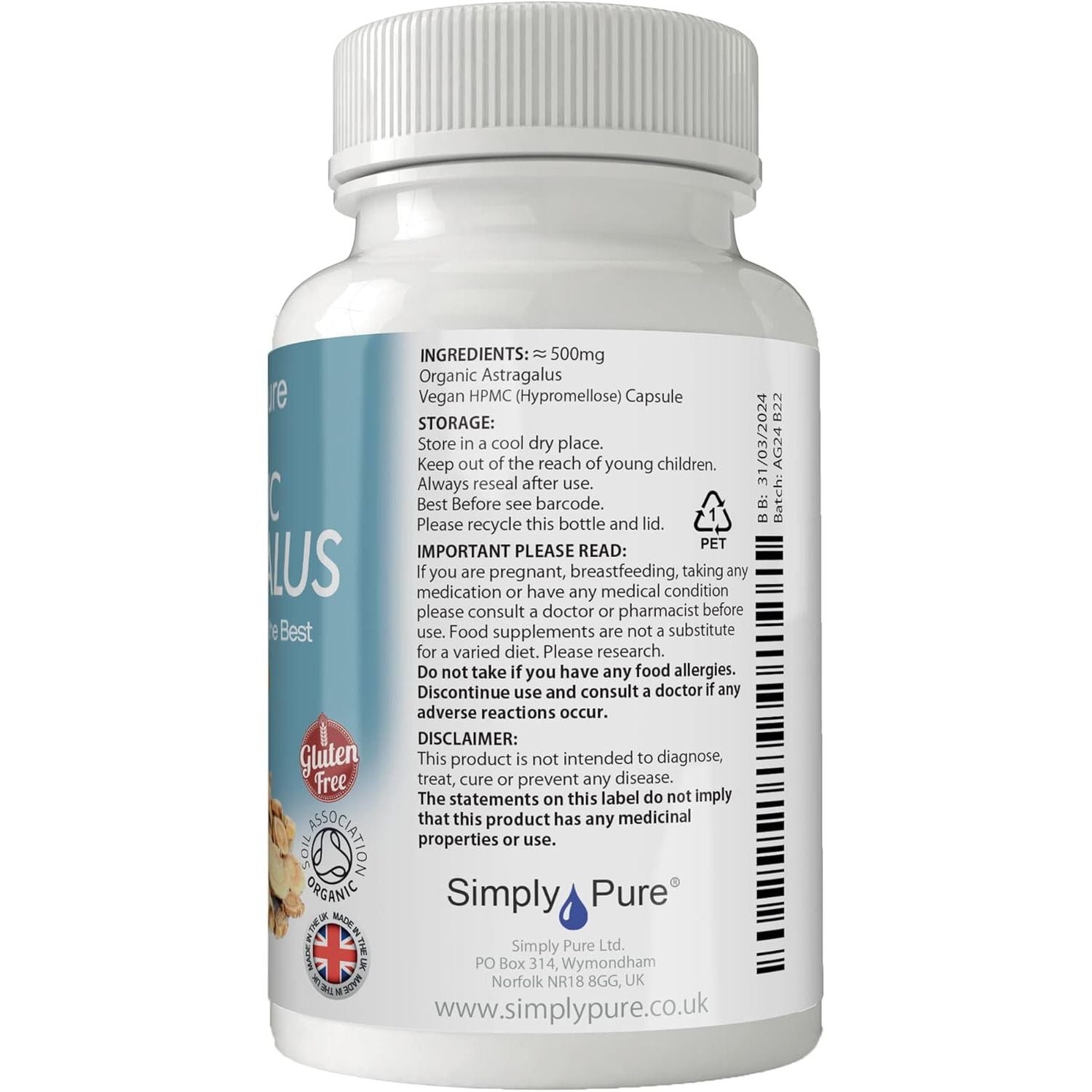 Simply Pure Organic Astragalus | Immunity Boost & Healthy Ageing | 500Mg Capsules X 90 |100% Pure Soil Association Certified | Gluten Free | GM Free | Vegan