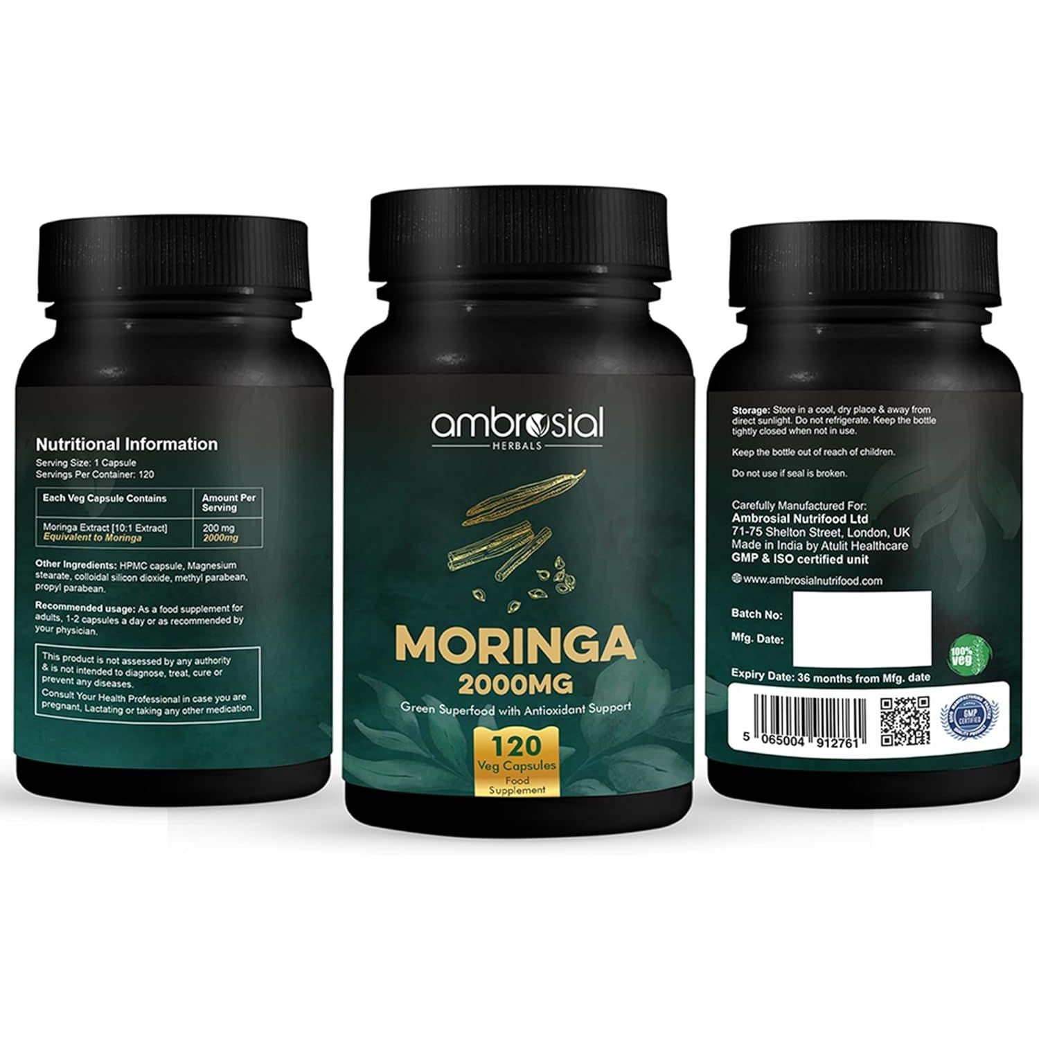 Ambrosial Moringa Capsules 2000Mg | Moringa Leaf Extract | Plant-Based Herbal Supplement | Natural Wellness Support | 120 Vegan Capsules