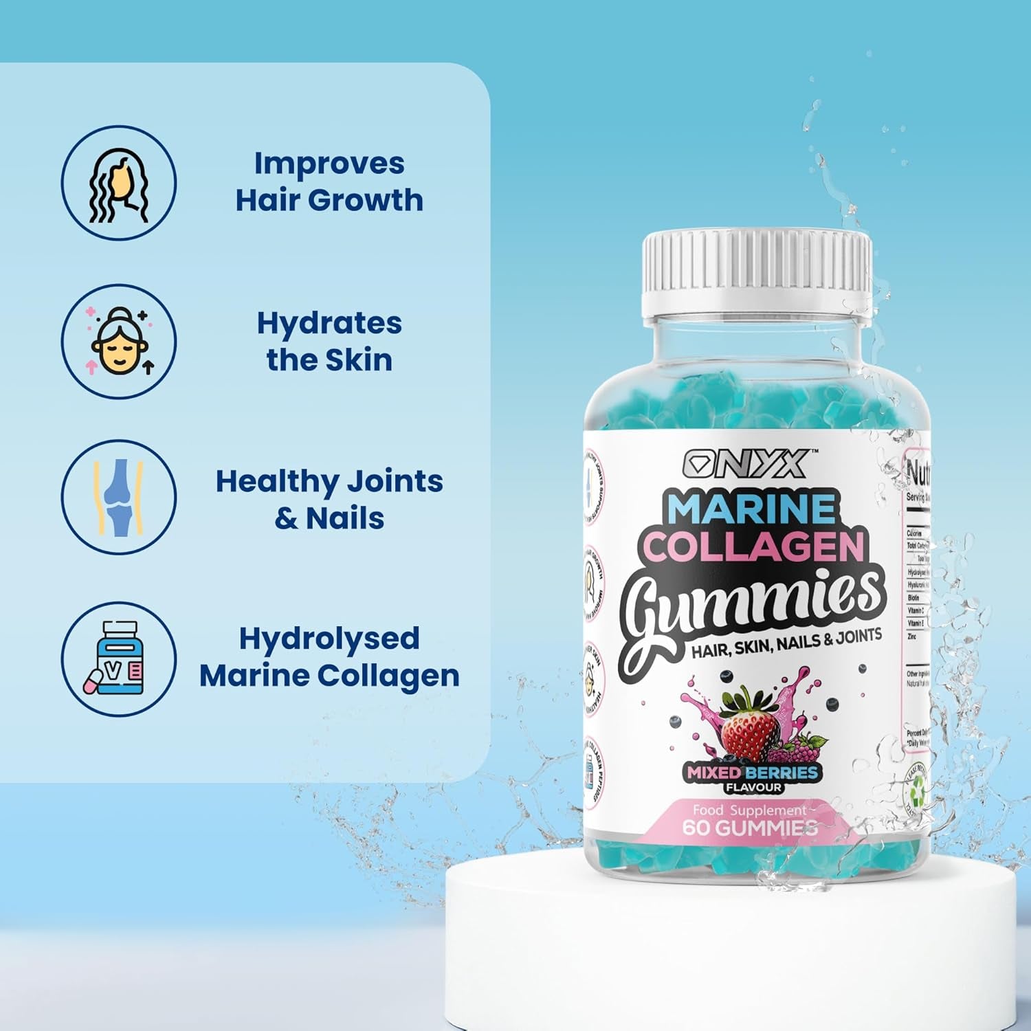 Onyx Marine Collagen 2200Mg with Hyaluronic Acid & Biotin - High Strength Collagen Supplements for Women & Men - 60 Vegan Gummies