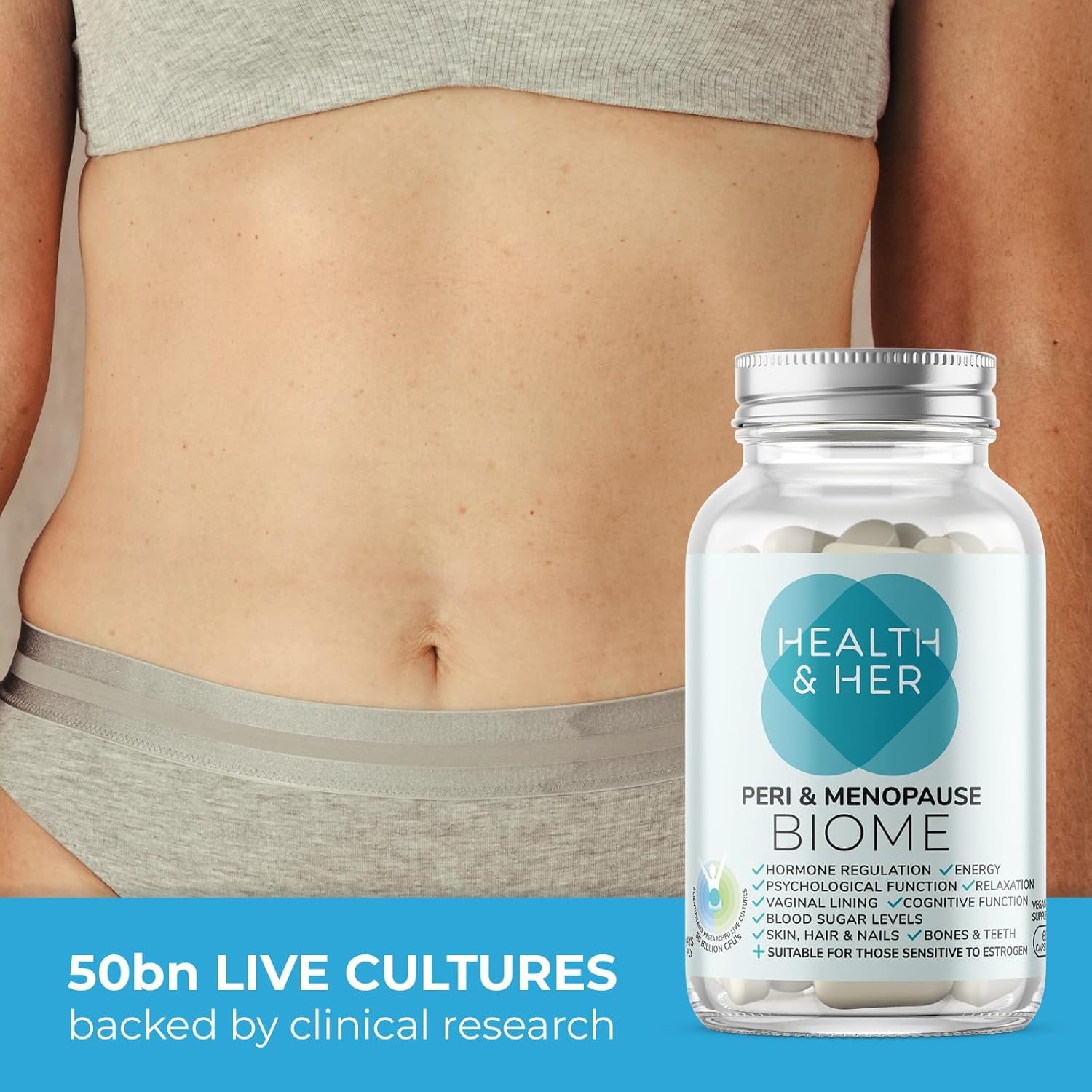 Health & Her Peri & Menopause Biome 50Bn Live Cultures Supplements for Women - Ashwagandha, Magnesium, Zinc - 1 Month Supply, 60 Capsules - Phytoestrogen Free