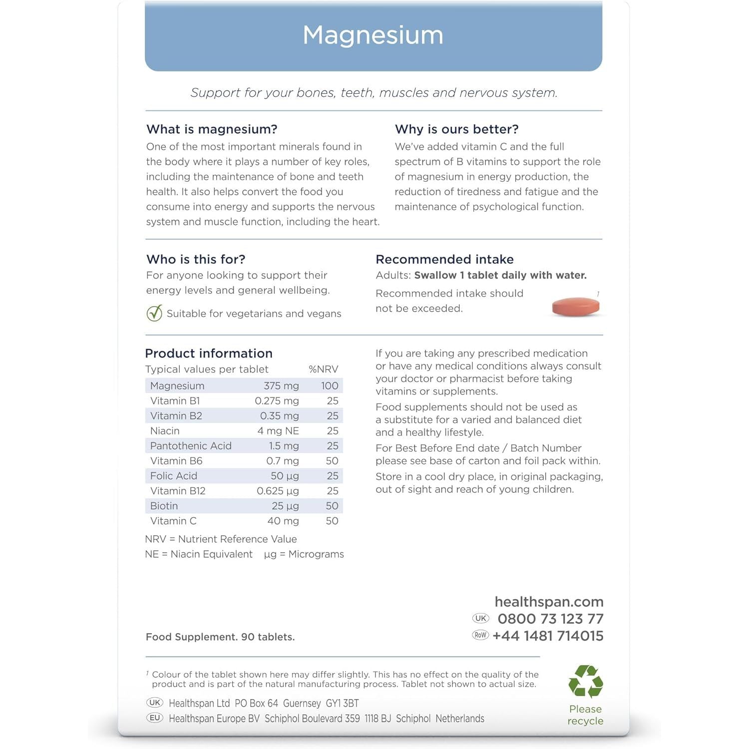 Healthspan Magnesium 375Mg | Everyday Support for Muscles & Nervous System | Added B Vitamins Complex | Added Benefits for Your Bones, Teeth & Energy Levels | Vegan (90 Tablets)