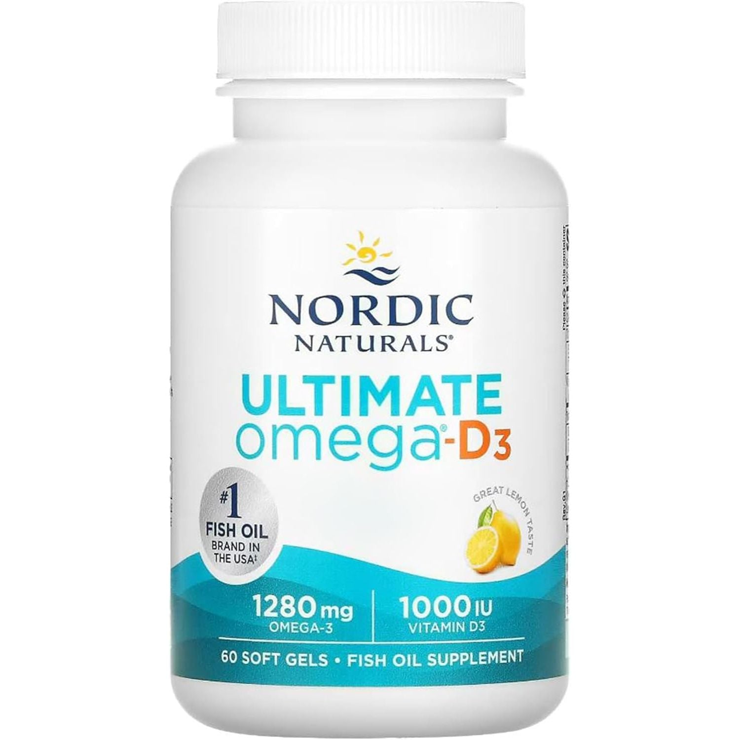 Nordic Naturals, Ultimate Omega-D3, 1280Mg Omega-3, with EPA, DHA and Vitamin D3, High Dose, Lemon Flavour, 60 Softgels, Lab-Tested, Soy Free, Gluten Free, Non GMO