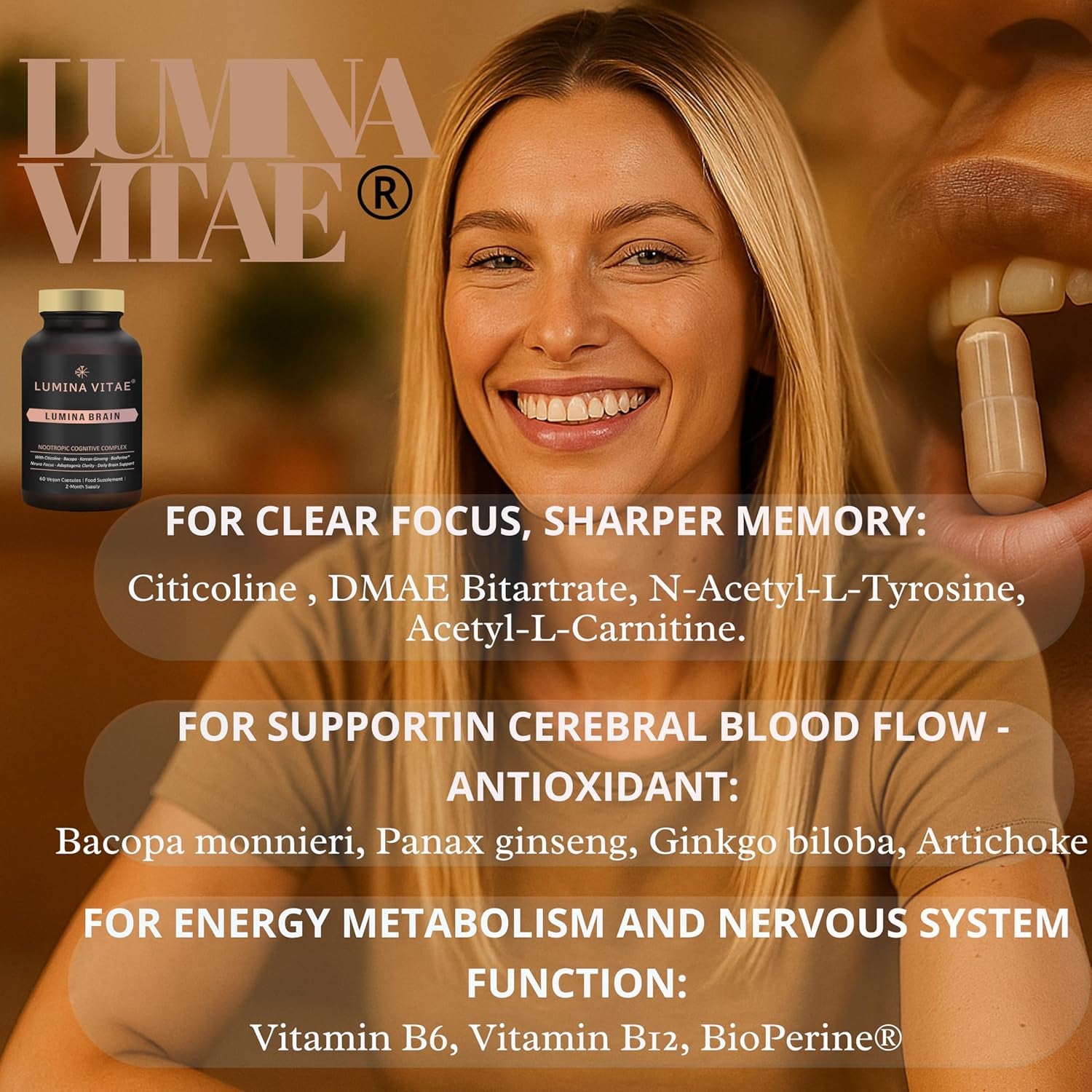 Lumina Brain Nootropic Cognitive Complex – 60 Vegan Capsules for Focus & Memory Support with Bacopa, DMAE, L‑Tyrosine, Acetyl‑Carnitine & Citicoline