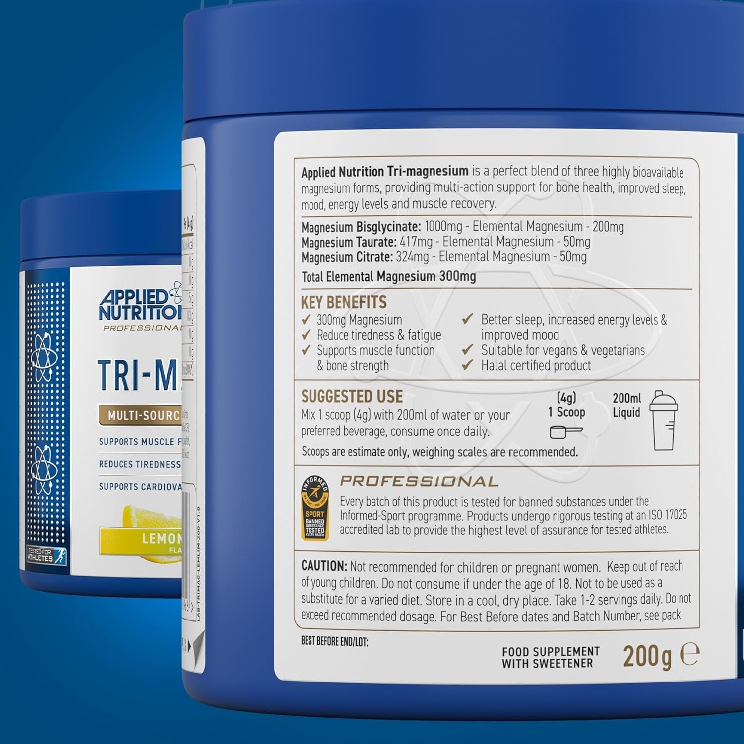 Applied Nutrition Tri-Magnesium Powder 3 in 1 - Magnesium Glycinate Supplements for Bone, Muscle, Nervous System Sleep Health - 300 Mg per Serving (200G - 50 Servings) (Lemon & Lime)