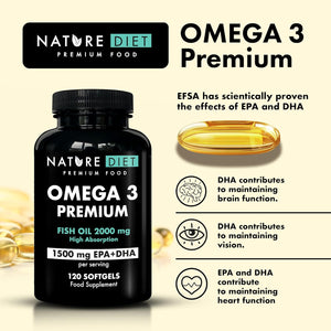 Nature Diet Omega 3 Premium - 2000Mg with 1500Mg of EPA & DHA - 120 Softgel Capsules of High Strength Omega 3 Fish Oil – 2 Months Supply