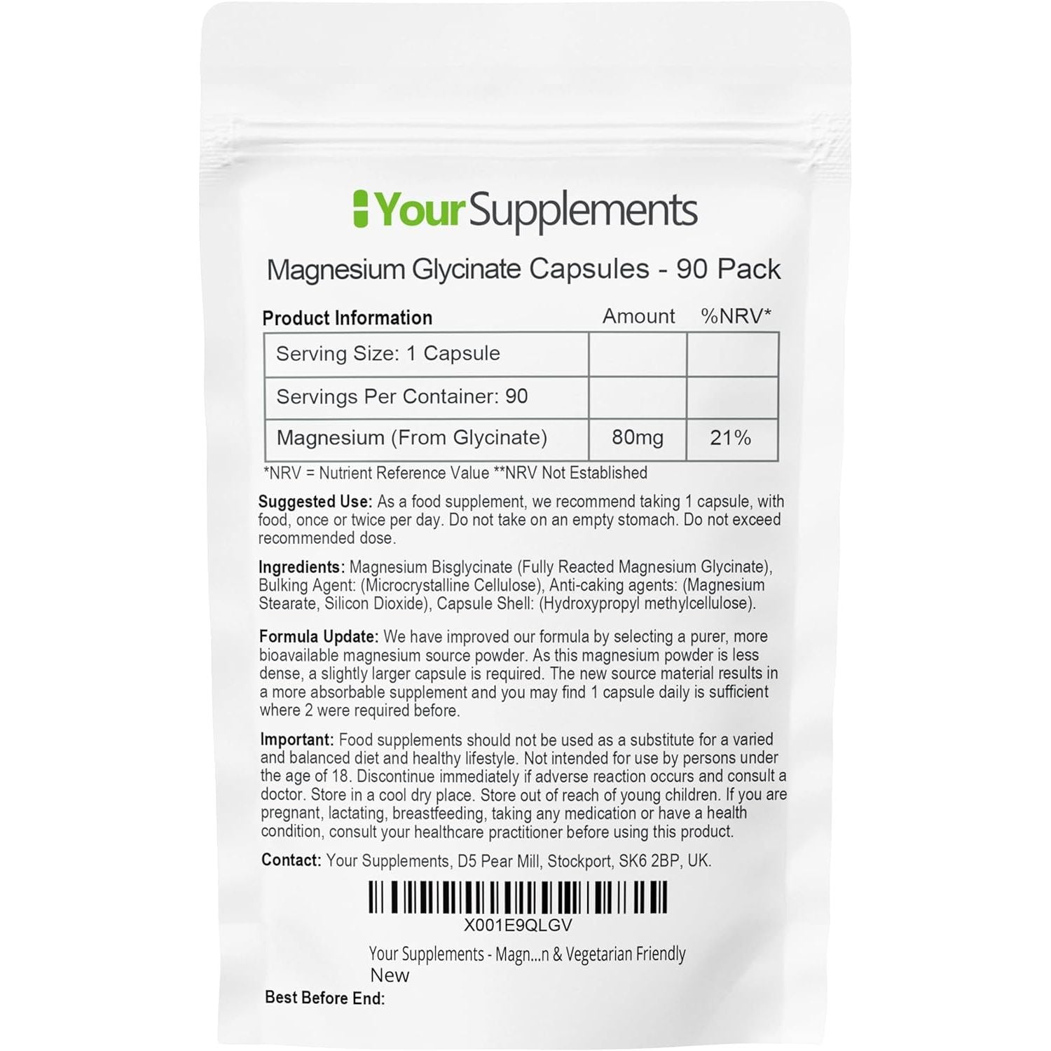 Magnesium Glycinate by Your Supplements | UK Made | True Unblended Bisglycinate | 90 High Absorption Capsules | Suitable for Vegetarians & Vegans