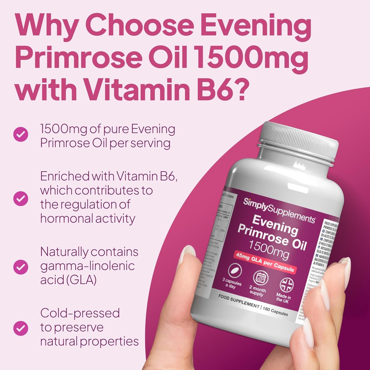 Evening Primrose Oil 1500Mg | 180 Capsules | Cold Pressed Soft Gel Capsules | Contains Rich Concentrations of Gamma Linolenic Acid (GLA)