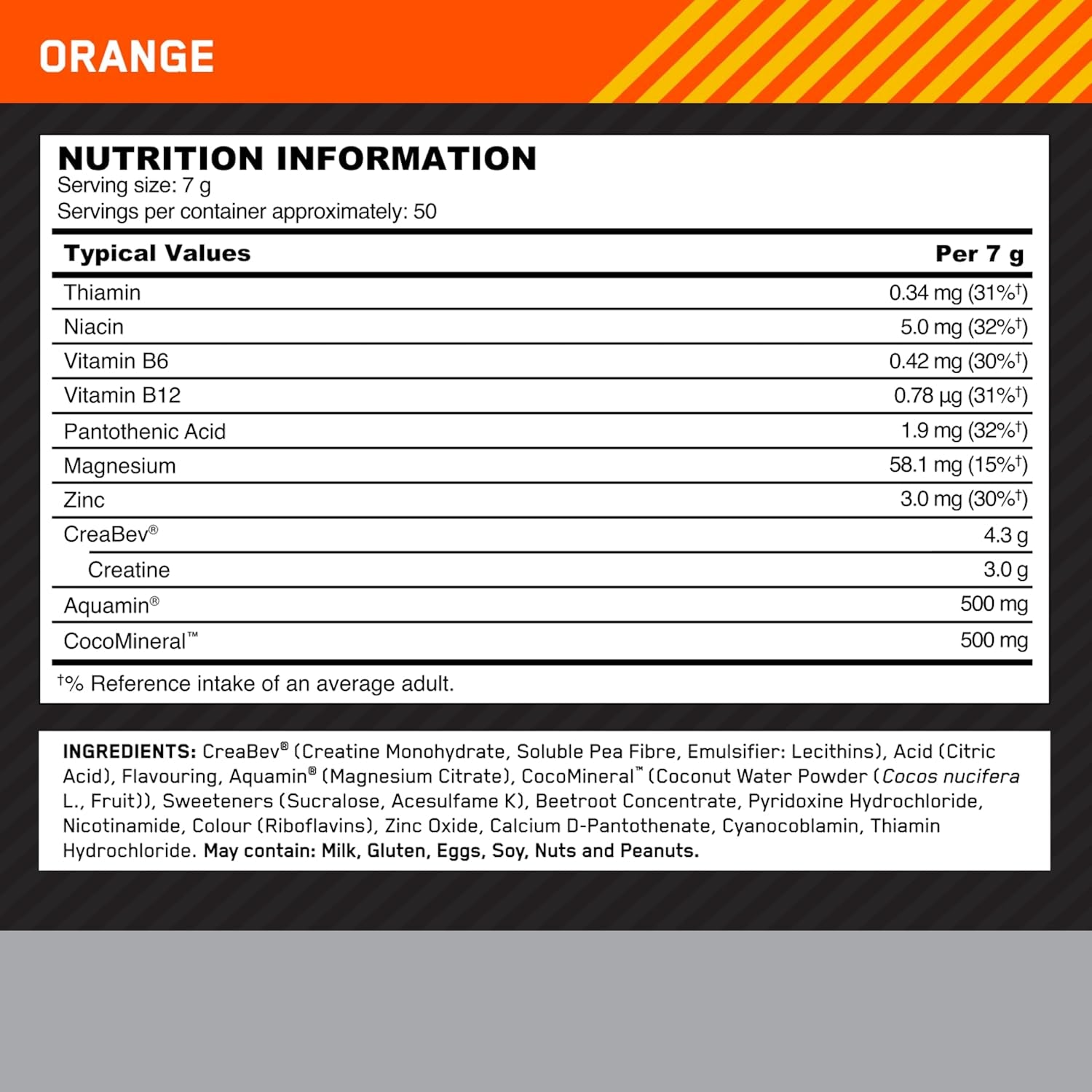 Optimum Nutrition Platinum Creatine Plus, Advanced Food Supplement to Increase Power and Performance, with Aquamin Magnesium for Electrolyte Balance, Orange Flavour, 50 Servings, 350 G