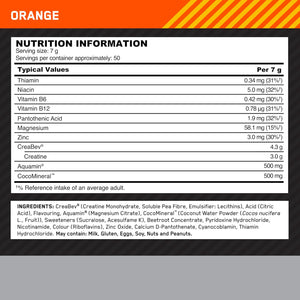 Optimum Nutrition Platinum Creatine Plus, Advanced Food Supplement to Increase Power and Performance, with Aquamin Magnesium for Electrolyte Balance, Orange Flavour, 50 Servings, 350 G