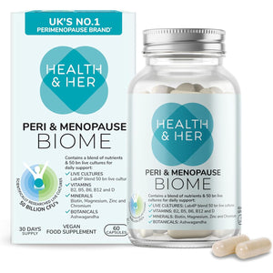 Health & Her Peri & Menopause Biome 50Bn Live Cultures Supplements for Women - Ashwagandha, Magnesium, Zinc - 1 Month Supply, 60 Capsules - Phytoestrogen Free