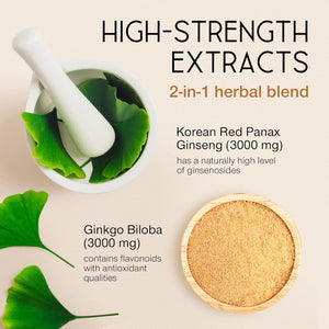 Panax Ginseng Capsules High Strength - 6000Mg Korean Red Ginseng & Ginkgo Biloba for Natural Energy & Focus - Vegan & UK Made - 60 Tablets One-A-Day - Premium Ginseng Root Supplements for Men & Women