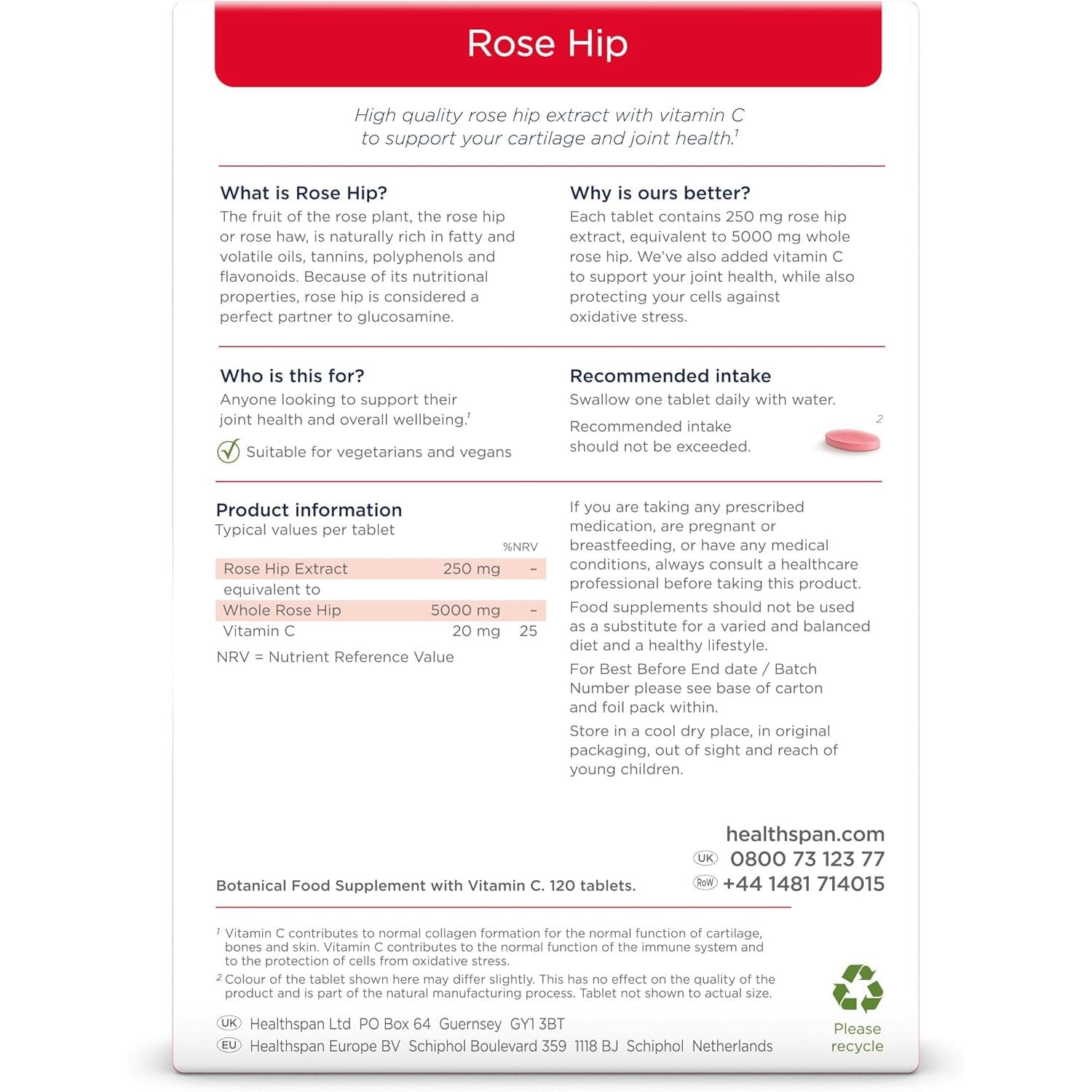 Healthspan Rose Hip 5,000Mg (120 Tablets) | Supports Joints & Immune Health | Helps Maintain Healthy & Flexible Joints | Added Vitamin C | High in Flavonoids & Polyphenols | Vegan