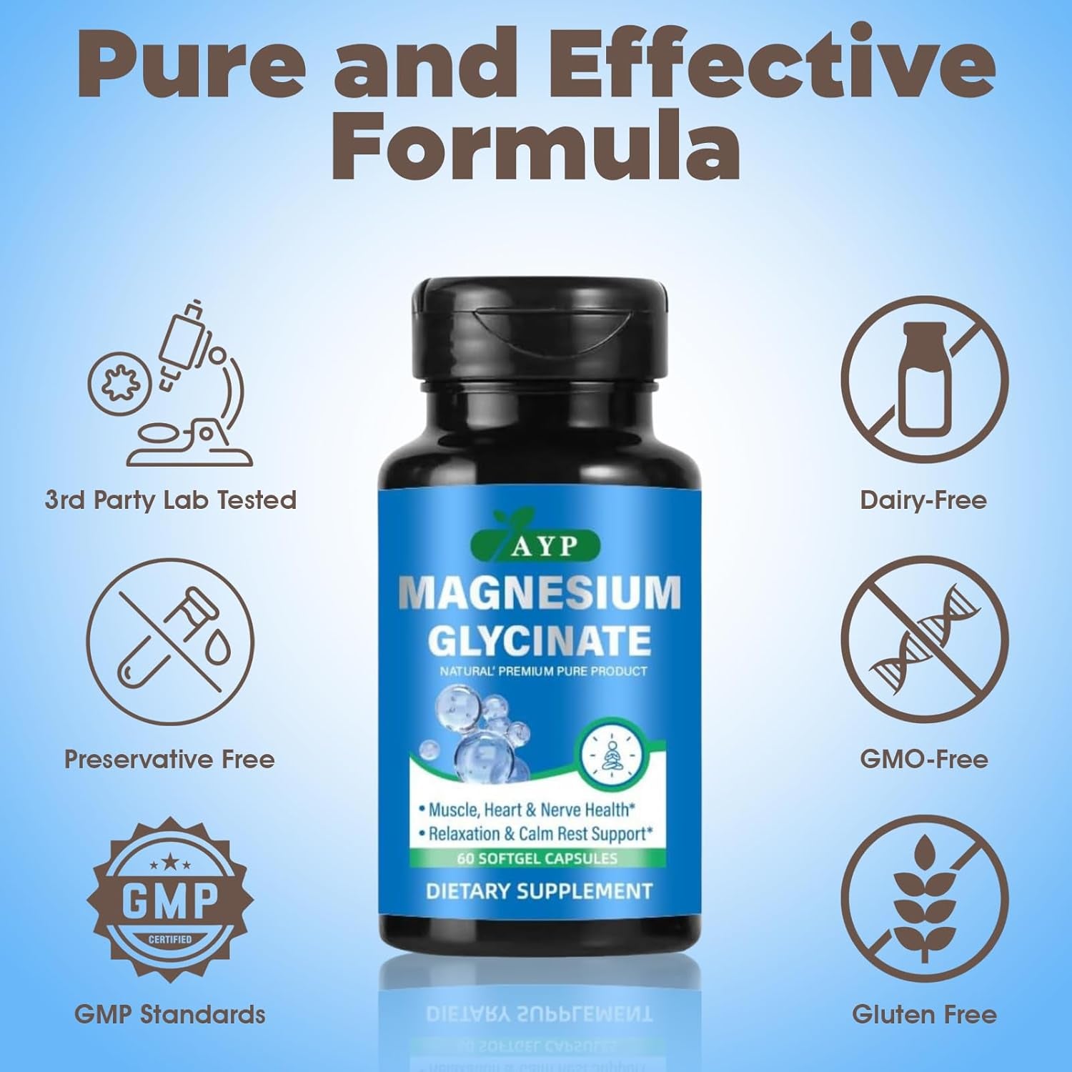 Magnesium Glycinate Supplements 2000Mg High Strength Premium Pure Magnesium - 60 Capsules for Muscle Heart Nerve Health Relaxation Calm for Men & Women