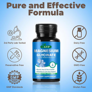 Magnesium Glycinate Supplements 2000Mg High Strength Premium Pure Magnesium - 60 Capsules for Muscle Heart Nerve Health Relaxation Calm for Men & Women