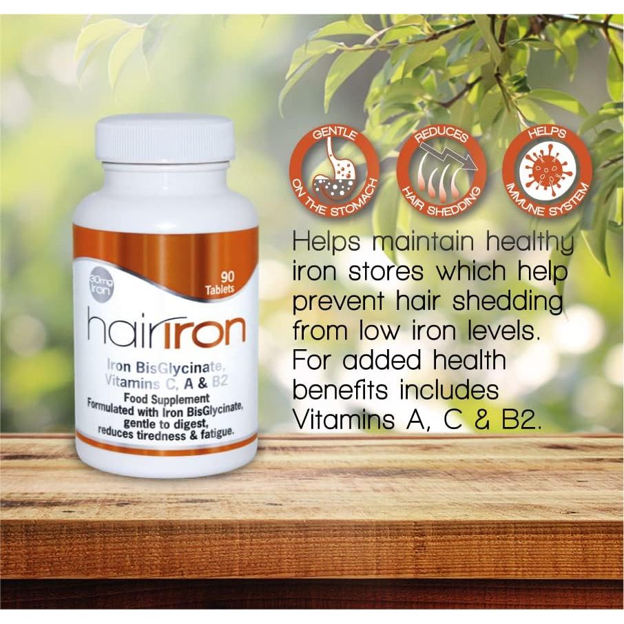 HAIRIRON - High Strength Iron Supplements - Gentle Iron Bisglycinate 30Mg with Vitamins C, a & B2 Tablets, Vegan Supplements for Men & Women'S Health - 90 Tablets.
