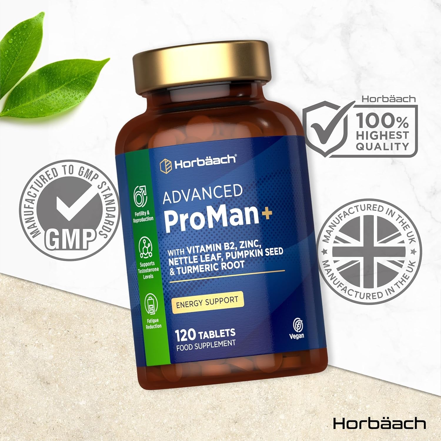 Proman+ Supplement for Men | Complex Formula with Pumpkin Seed, Nettle Leaf, Vitamin B2, Zinc and Turmeric Root | 120 Vegan Tablets | by Horbaach