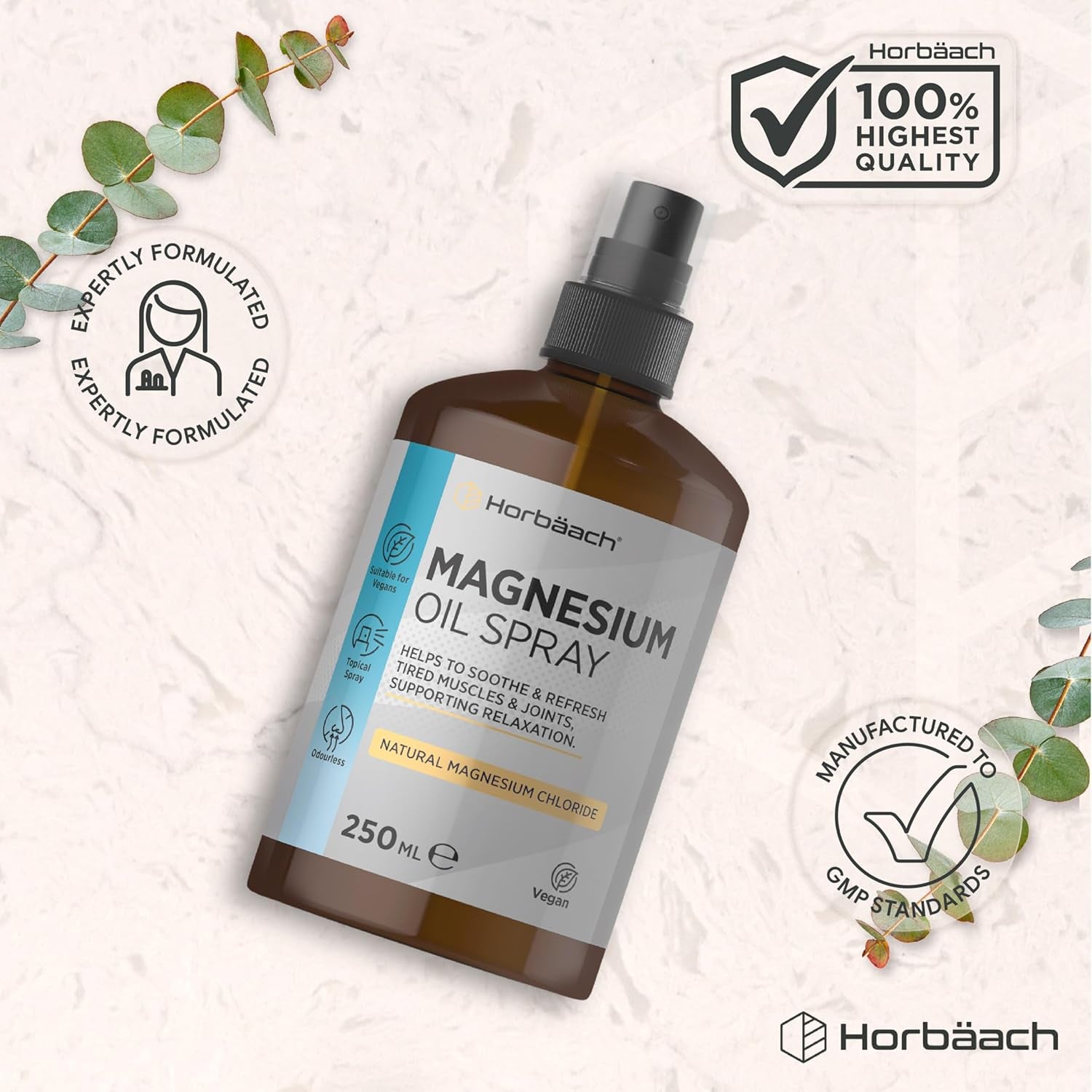 Magnesium Oil Spray | 100% Pure Magnesium Chloride | 250Ml XL Size - for Restless Legs, Muscle Pain, Sleep | High Absorption Vegan Spray | Horbaach
