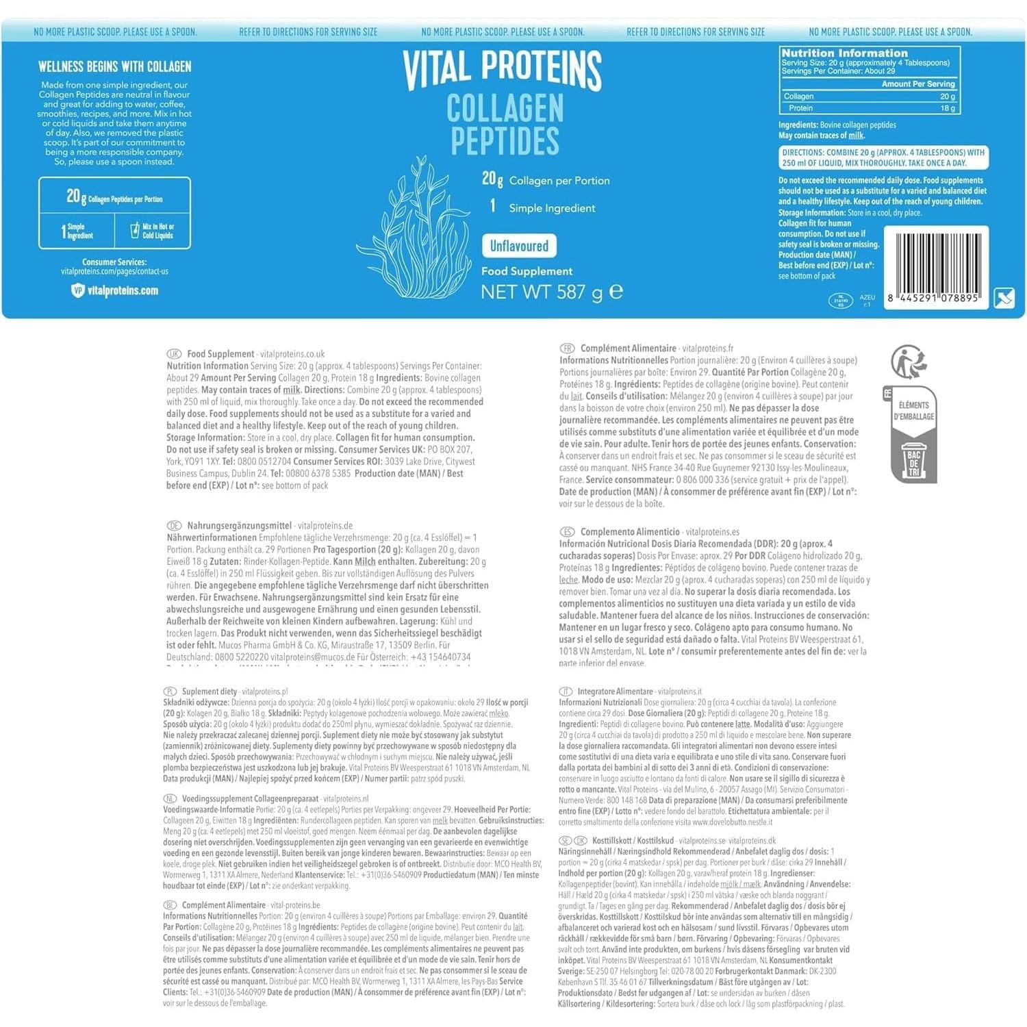 Vital Proteins Collagen Peptides Powder Supplement (Type I, III), Unflavoured Hydrolyzed Collagen-Hair, Skin, Nail Support Supplement, Paleo, Gluten Free, Non-Gmo, 20G per Serving 587G Canister, 1Pack