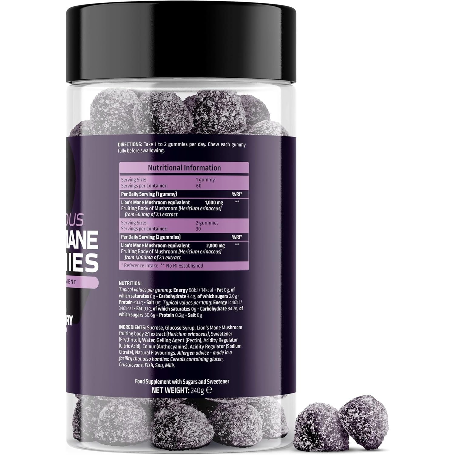 Lions Mane Gummies - 1000Mg Lions Mane Mushroom Gummies - Delicious Mixed Berry Flavour Mushroom Supplement (60 Vegan Gummies)
