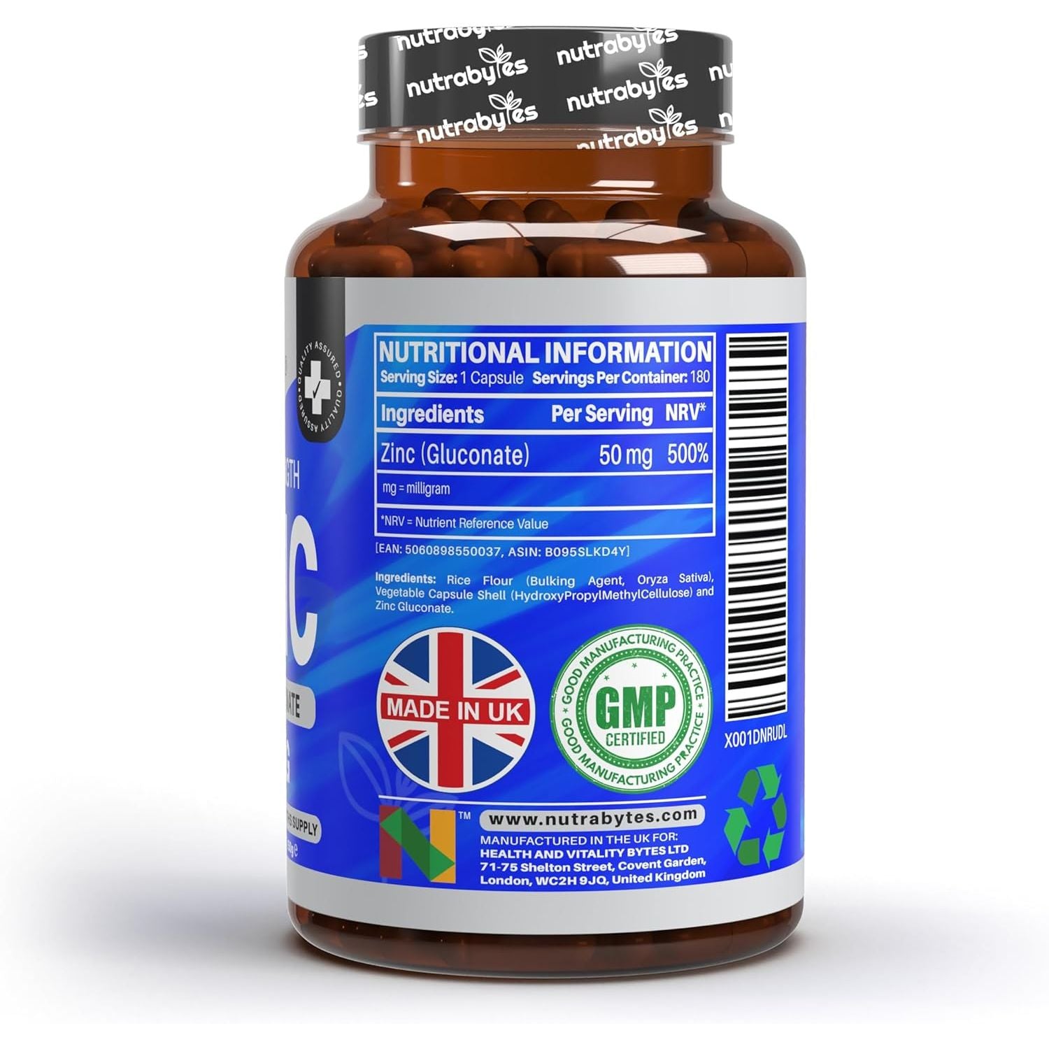 Nutrabytes High Strength Zinc Gluconate Supplement, 180 Vegan Capsules | 50Mg Pure Elemental Chelated Mineral for Immune System, Skin, Hair, Nails, Hormone & Fertility Support | 6 Month Supply