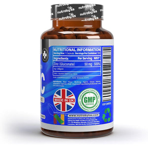 Nutrabytes High Strength Zinc Gluconate Supplement, 180 Vegan Capsules | 50Mg Pure Elemental Chelated Mineral for Immune System, Skin, Hair, Nails, Hormone & Fertility Support | 6 Month Supply