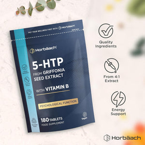 5HTP Supplement High Strength | 180 Vegan Tablets | 6 Month Supply - One a Day | from Griffonia Seed Extract | with Vitamin B5 | by Horbaach