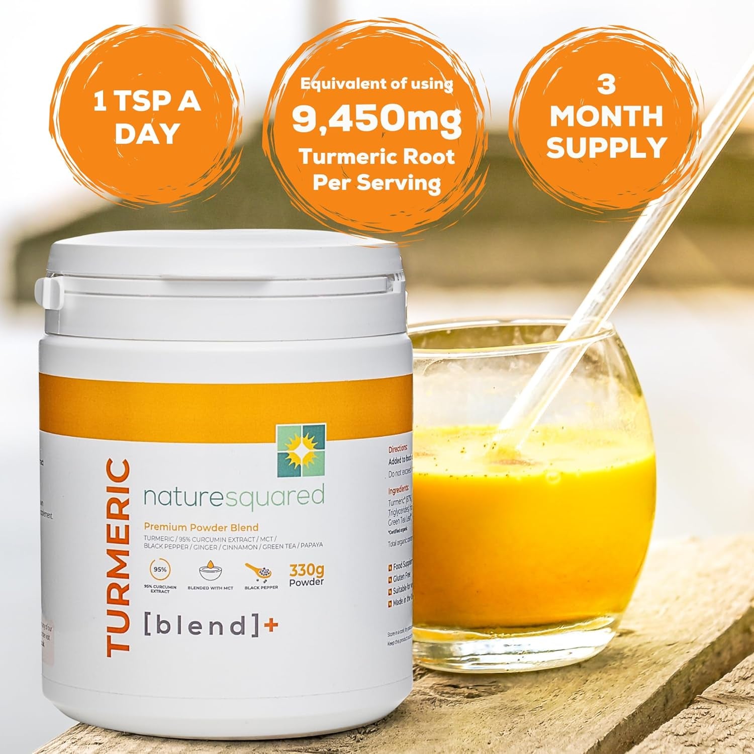 Nature Squared Turmeric Super [Blend] - Premium & Organic Turmeric (3933Mg) Powder with 7 Active Ingredients - 330G(3 Month Supply) - Vegan - Non GMO - Gluten Free - GMP - Potent Antioxidant- UK Made