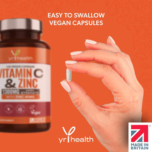 Vitamin C 1300Mg and Zinc 40Mg High Strength - VIT C and Zinc for Maintenance of Normal Immune System - 120 Vegan Capsules Not Tablets - 2 per Daily Serving - Made in the UK by Yrhealth