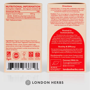 Organic Cayenne Pepper Capsules 500Mg | 2Mg Capsaicinoids Including Capsaicin | 60 Vegan Capsules with Zero Fillers or Synthetic Ingredients - 100% Pure & Natural Cayenne Powder