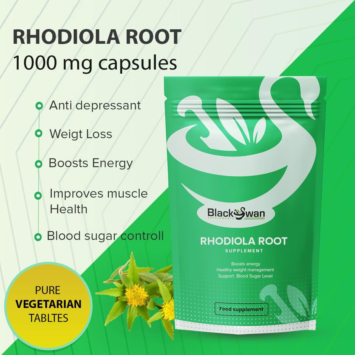 Black Swan Rhodiola Root Capsules - 1000Mg Enhanced Energy Level Immune System Support Weight Management Muscle Support Natural Vegan Supplement - 30 Capsules 1 Month Supply