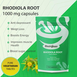 Black Swan Rhodiola Root Capsules - 1000Mg Enhanced Energy Level Immune System Support Weight Management Muscle Support Natural Vegan Supplement - 30 Capsules 1 Month Supply