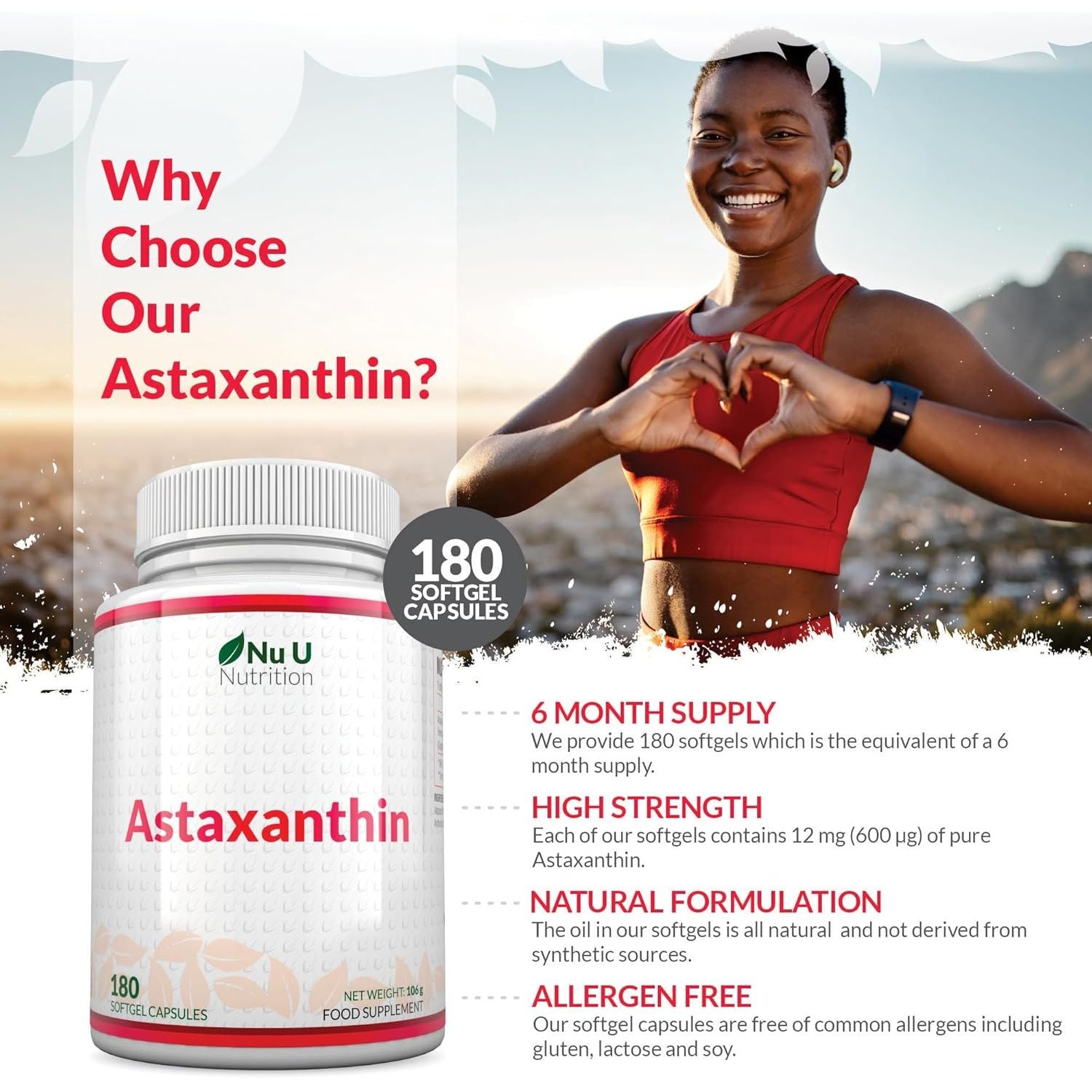 Astaxanthin 12Mg - 180 High Strength Softgel Capsules - 6 Month Supply - Powerful Antioxidant Supplement - Astaxanthin from Haemotococcus Pluvialis Algae - Made in the UK - Nu U Nutrition