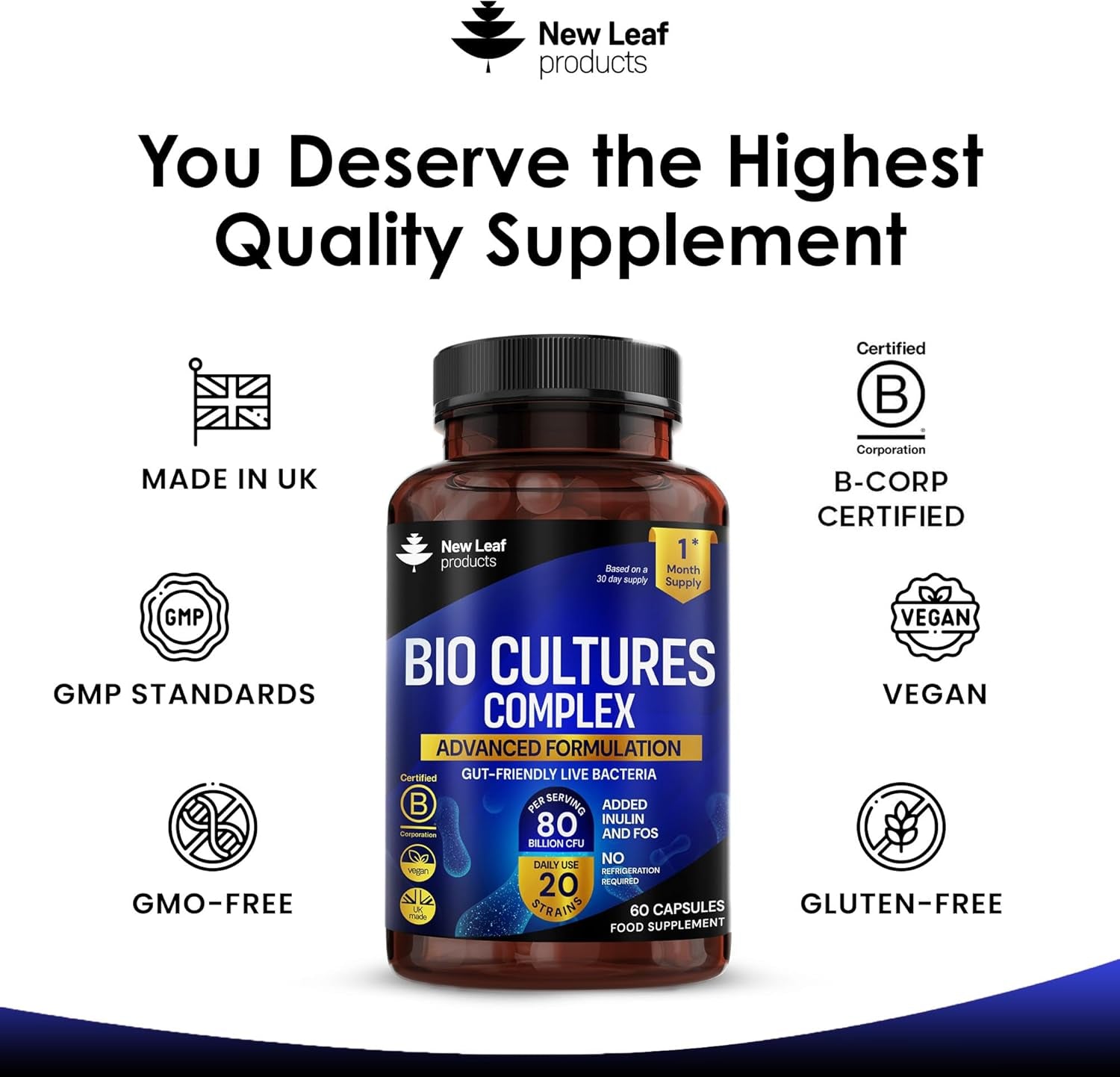 Probiotics & Prebiotics Complex – 80 Billion CFU – 20 Live Strains Including Lactobacillus Acidophilus & Casei – High Strength Bio Cultures Prebiotic & Probiotic Supplement for Women & Men 60 Capsules