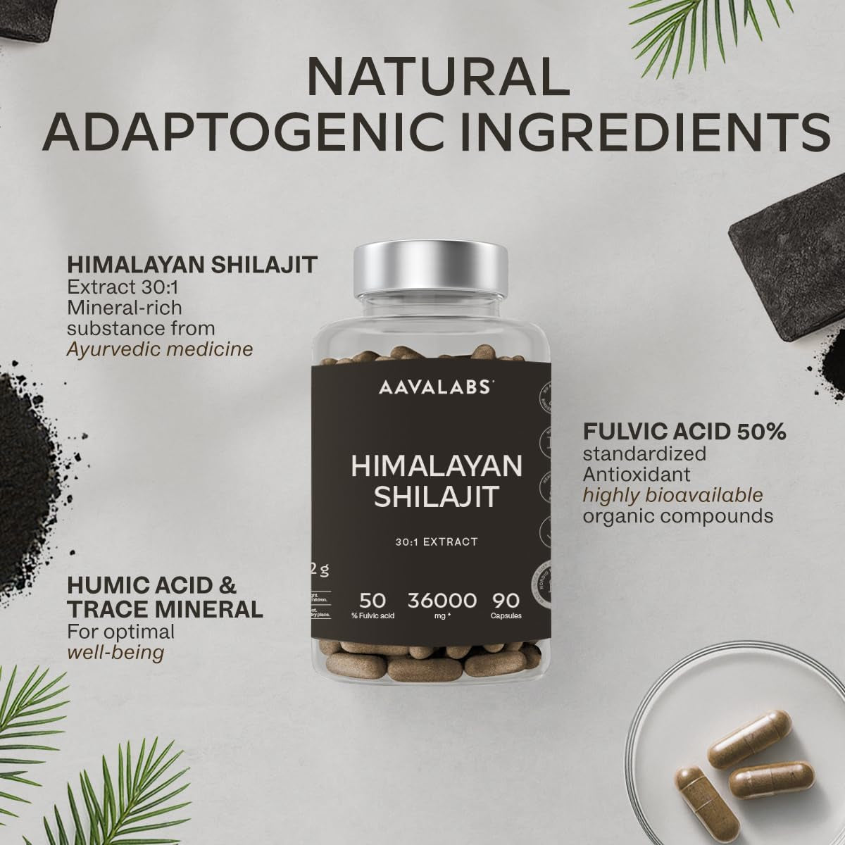 Pure Himalayan Shilajit - 36,000Mg - 30:1 Extract Ratio - 90 Pure Shilajit Capsules for Men- with 50% Fulvic Acid - More Convenient than Resin - Rich in Trace Minerals