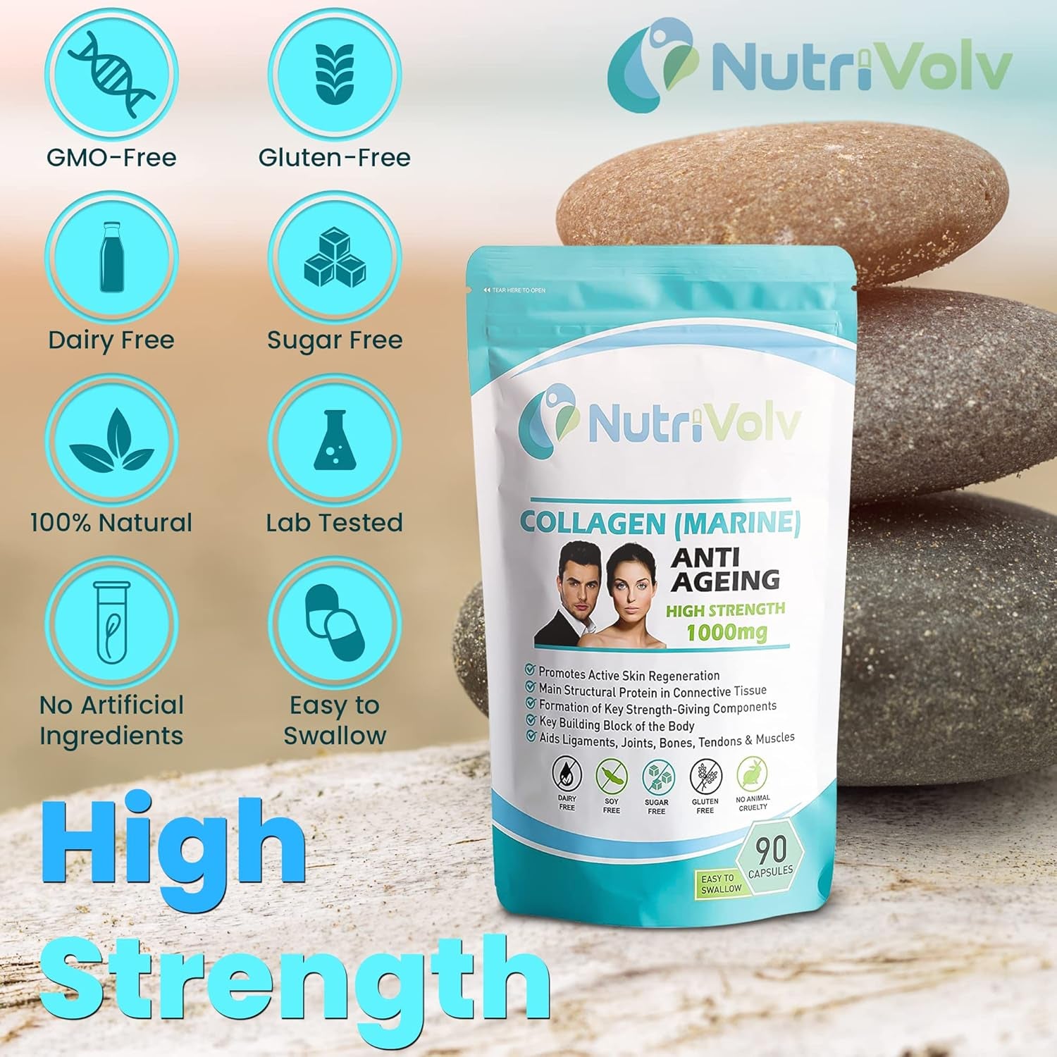Nutrivolv Collagen Marine 1000Mg Supplement | Anti-Ageing Support for Skin, Joints, Bones, Muscles & Tissue Health | 90 Capsules | Boosts Skin Elasticity & Joint Mobility