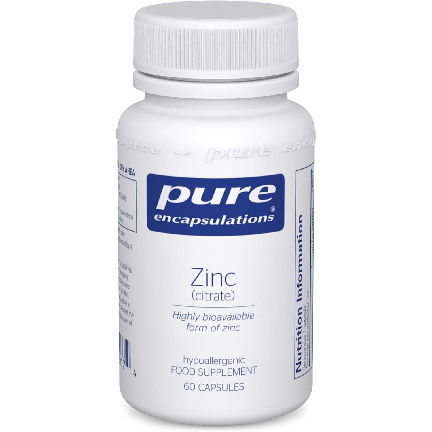 Pure Encapsulations Zinc (Citrate) 30Mg - Highly Bioavailable Zinc Supplement - for Immune and Metabolism Support - for Hair, Skin & Nails - 60 Vegetarian Capsules