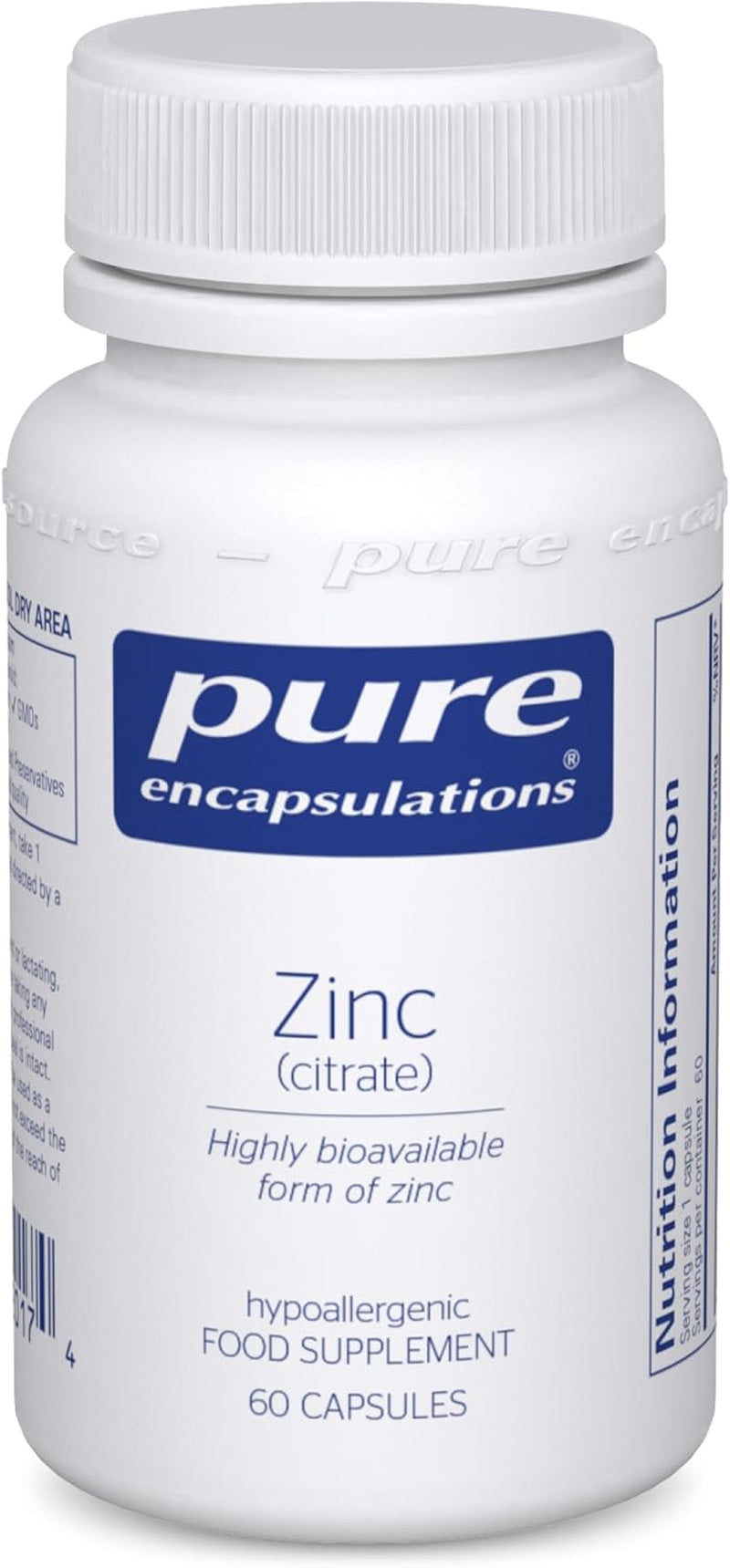 Pure Encapsulations Zinc (Citrate) 30Mg - Highly Bioavailable Zinc Supplement - for Immune and Metabolism Support - for Hair, Skin & Nails - 60 Vegetarian Capsules