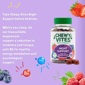 Chewy Vites Adult Night Support, 60 Non-Melatonin Gummies with 5-HTP, Magnesium, Theanine, Chamomile, Lavender, Herbal Night Time Gummies, 1 Months Supply, Berries Flavour