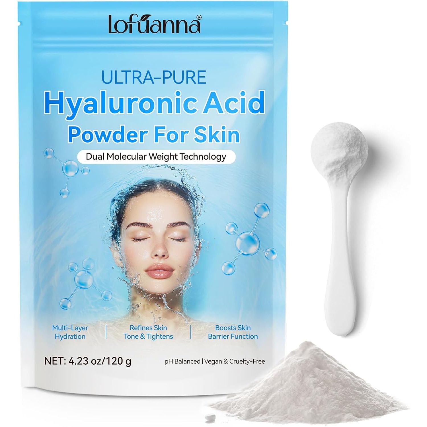 Hyaluronic Acid Powder, Water-Soluble High Molecular Weight Hyaluronic Acid Serums Powder, Water Soluble Hydrating Ingredient for Skin Moisture, Hyaluronic-Skincare-Molecular-Hydrating-Ingredient