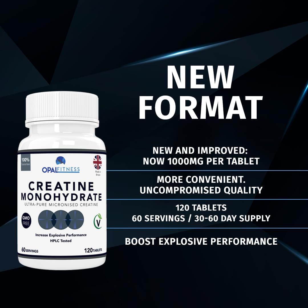 Creatine Monohydrate Tablets by Opal Fitness – Easy to Swallow Vegan Tablets - Scientifically Proven to Increase Muscle Strength, High Intensity Explosive Energy, and Build Lean Muscle Mass