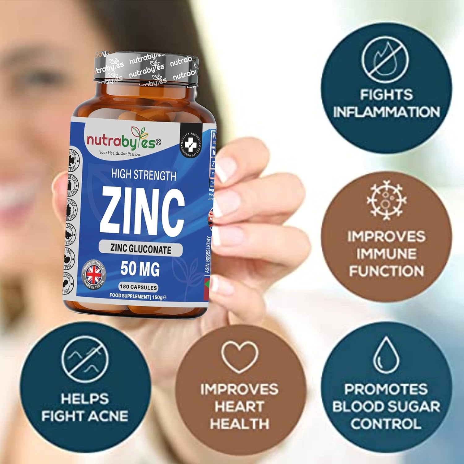 Nutrabytes High Strength Zinc Gluconate Supplement, 180 Vegan Capsules | 50Mg Pure Elemental Chelated Mineral for Immune System, Skin, Hair, Nails, Hormone & Fertility Support | 6 Month Supply