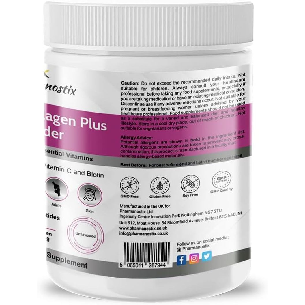 Pharmanostix Hydrolysed Marine Collagen plus Powder 300G - 10,000Mg Collagen with Hyaluronic Acid, Biotin, Vitamin C & B Vitamins - Type 1 & 3 Pure Naticol Collagen - UK Manufactured (Unflavoured)