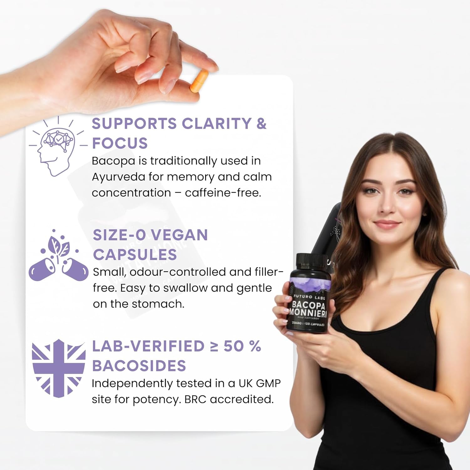 Bacopa Monnieri Capsules 350Mg - Brain/Memory Supplements - Made in the UK - 4 Month Supply - Vegan, Non-Gmo, Gluten-Free. Natural Ayuverdic Supplement Bacopa Extract