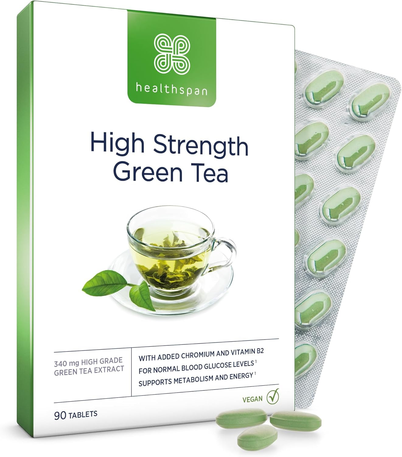 Healthspan High Strength Green Tea (90 Tablets) | with Chromium & Vitamin B2 to Maintain Normal Blood Glucose Levels | Protect Cells from Oxidative Stress | Vegan