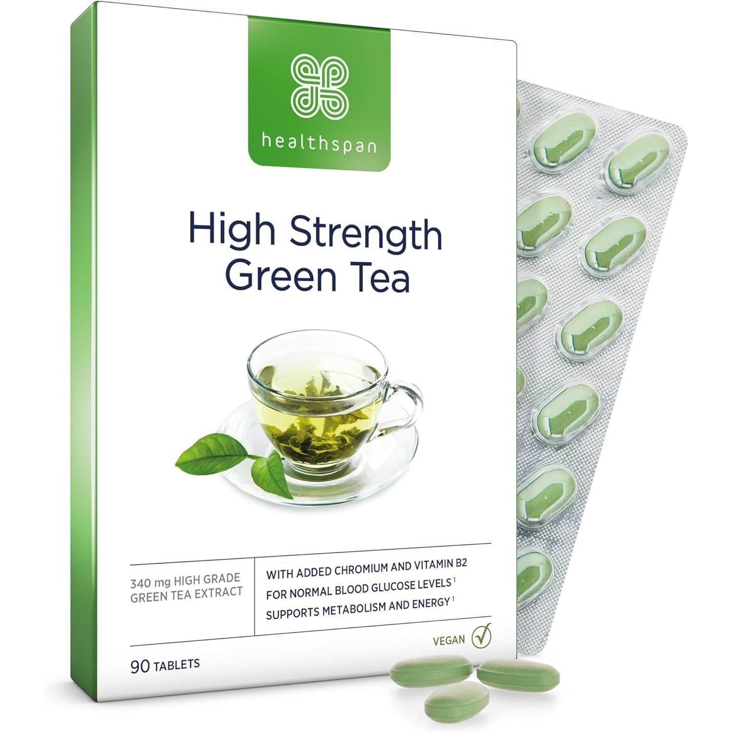 Healthspan High Strength Green Tea (90 Tablets) | with Chromium & Vitamin B2 to Maintain Normal Blood Glucose Levels | Protect Cells from Oxidative Stress | Vegan