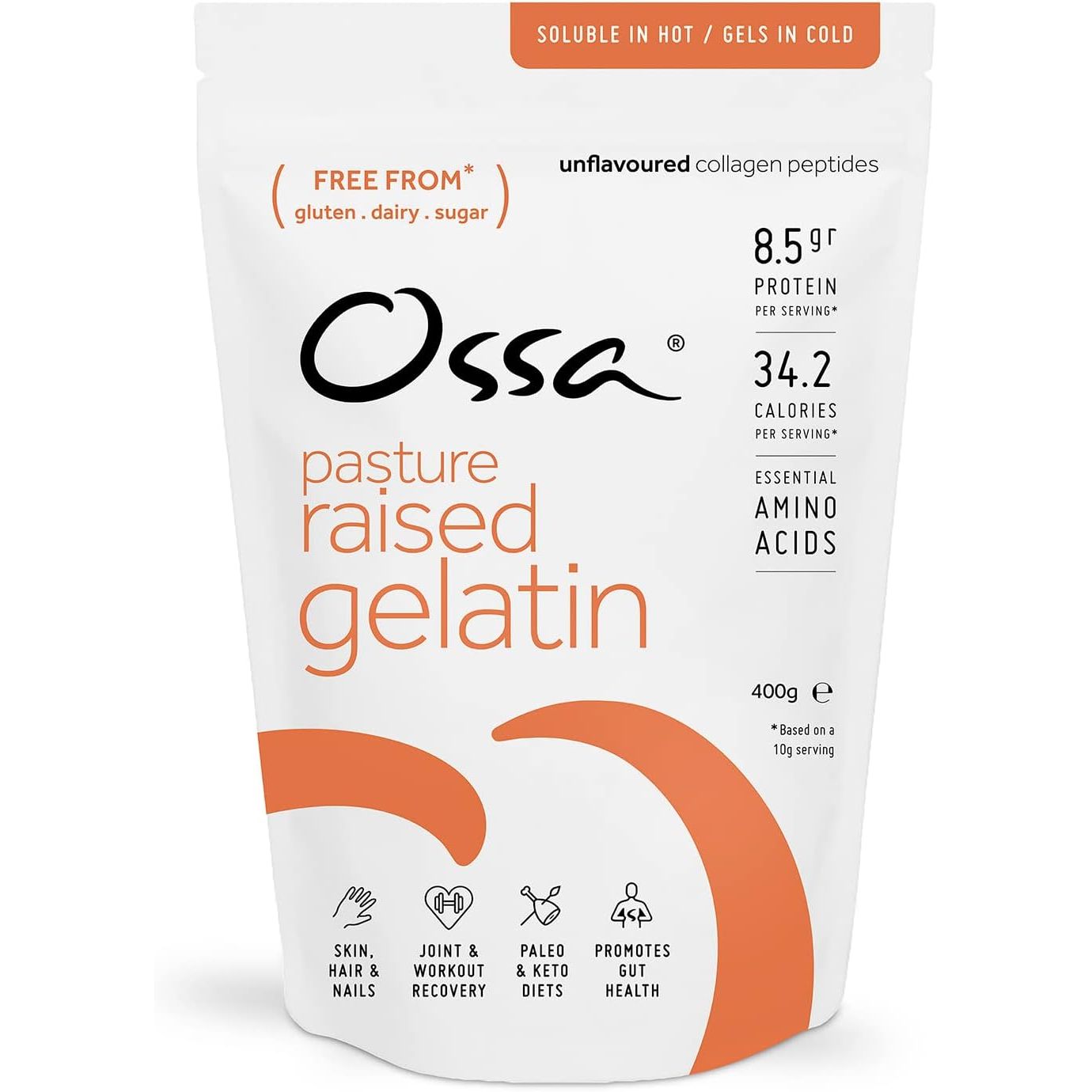 Ossa Bovine Gelatin Powder – 100% Natural, Pasture-Raised Beef Gelatine | Unflavoured Protein Powder with Collagen & Amino Acids | Keto, Paleo & Gut Health Support | 400G