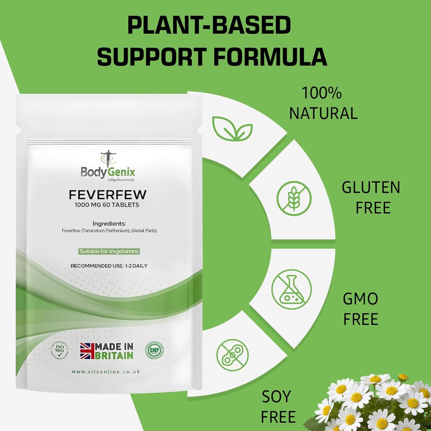 Bodygenix Feverfew 1000Mg Tablets - Headaches Relief Joints Health anti Inflammatory Natural Supplement - 60 Tablets 2 Month Supply