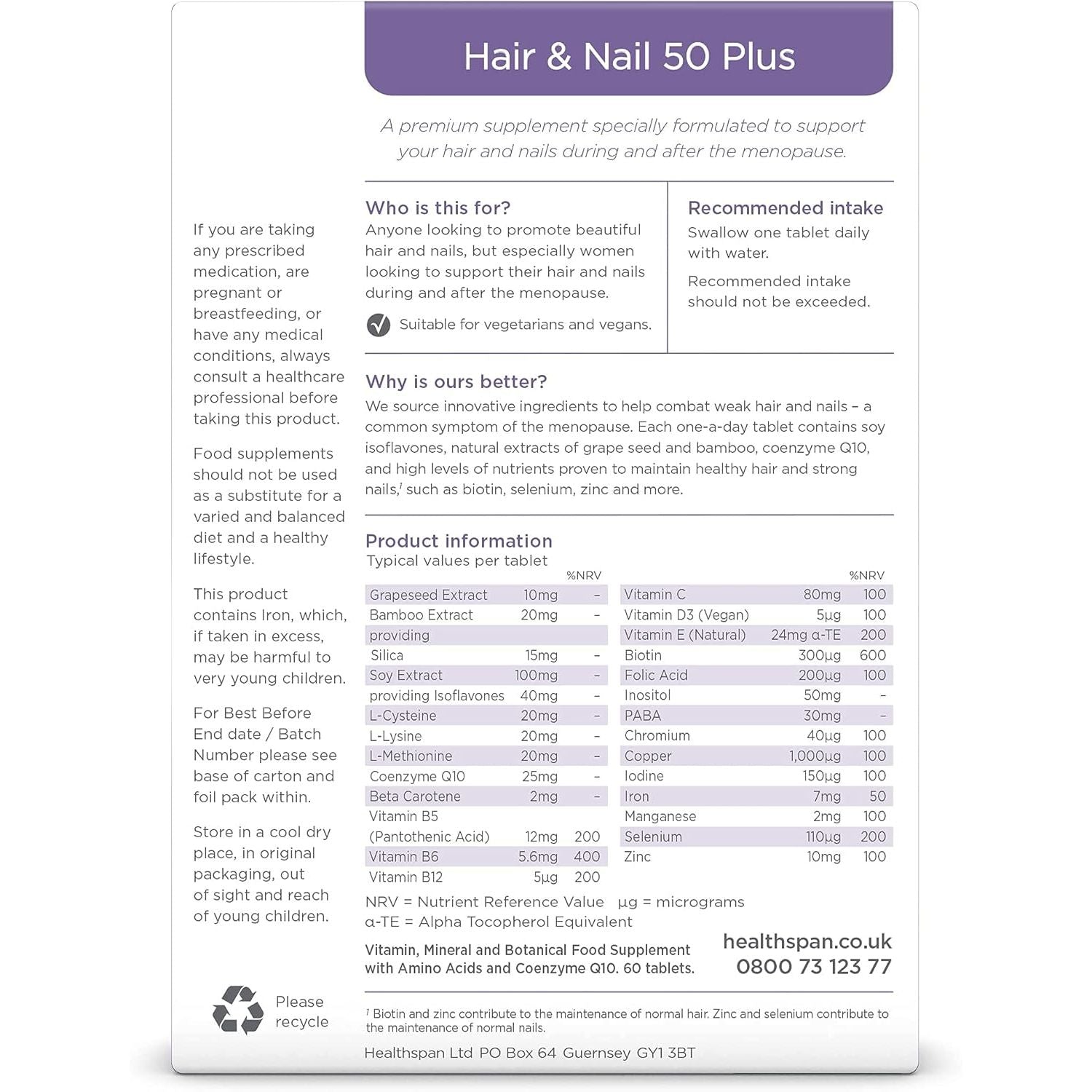 Healthspan Hair & Nails 50 plus | Formulated for Peri- and Post- Menopausal Women | Promotes Strong Hair & Healthy Nails | with Soy Isoflavones, Biotin, Selenium & Zinc | Vegan (60 Tablets)