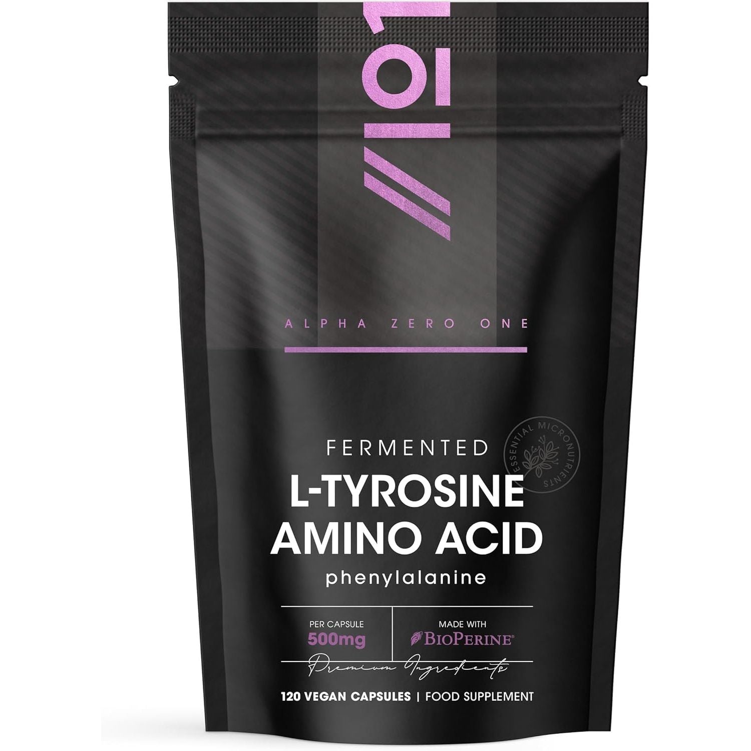 Fermented L-Tyrosine 500Mg with Bioperine - 120 Capsules - Essential Amino Acid Support (120 Day Supply) by Alpha01